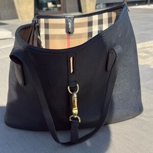 Burberry Black Leather & Plaid reversible Tote with Gold Hardware
